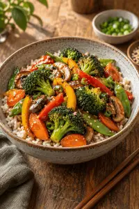 vegetable stir fry served over rice