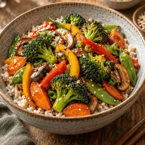 vegetable stir fry served over rice