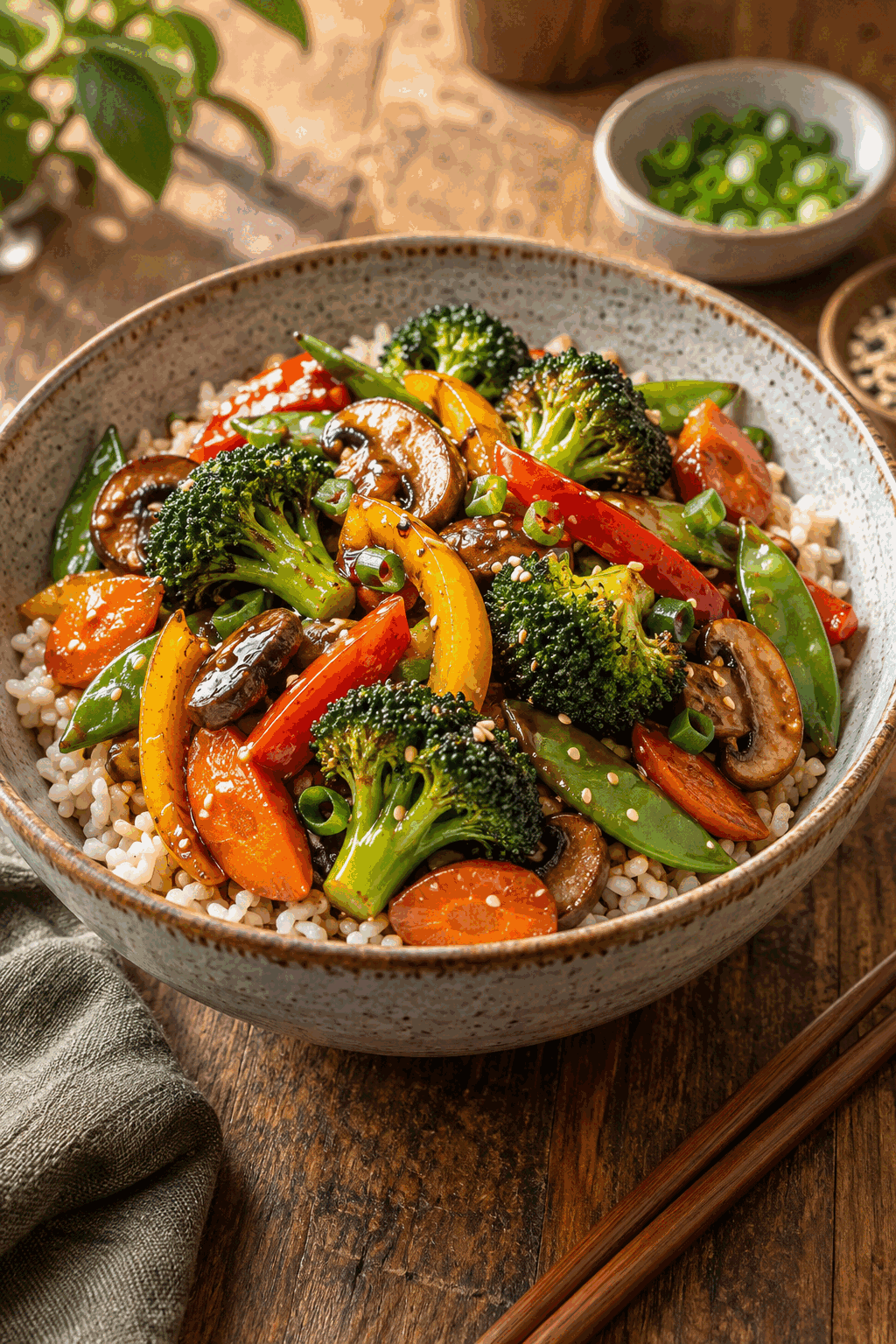 vegetable stir fry served over rice