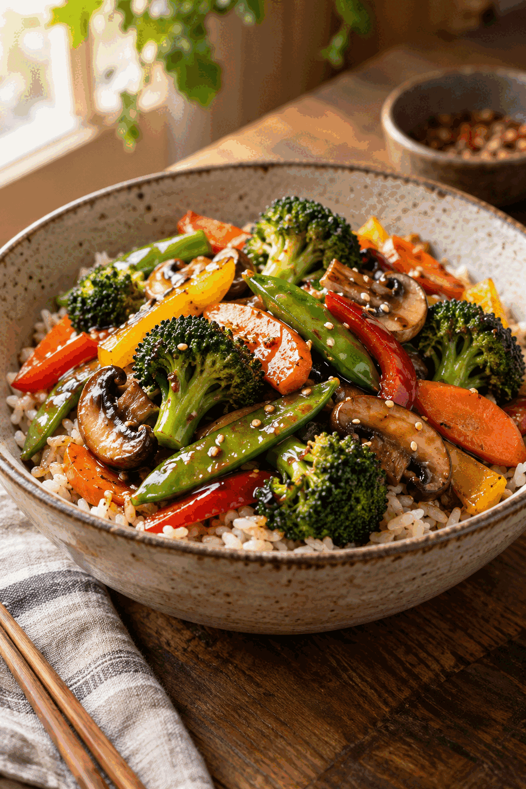 glossy vegetable stir fry ready to serve