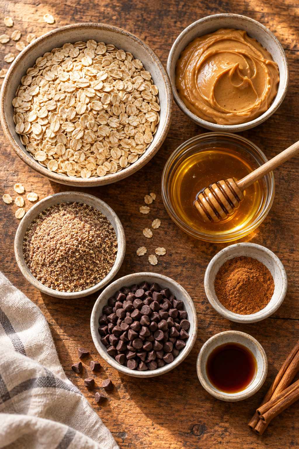 Ingredients for Weight Watchers snacks with oats, peanut butter, flaxseed, and chocolate chips