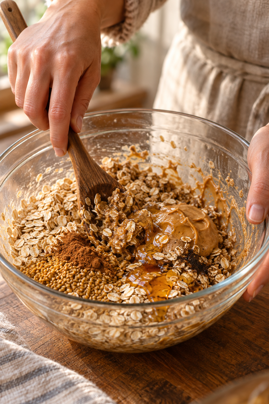 Mixing the oat and peanut butter mixture for Weight Watchers snacks