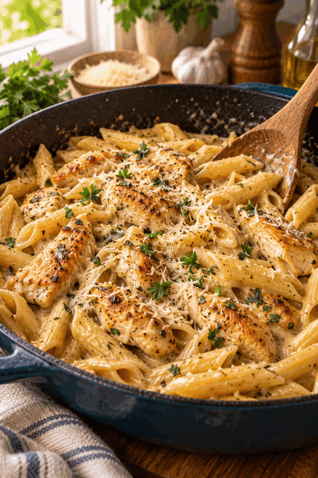 one-pan chicken pasta cooking process