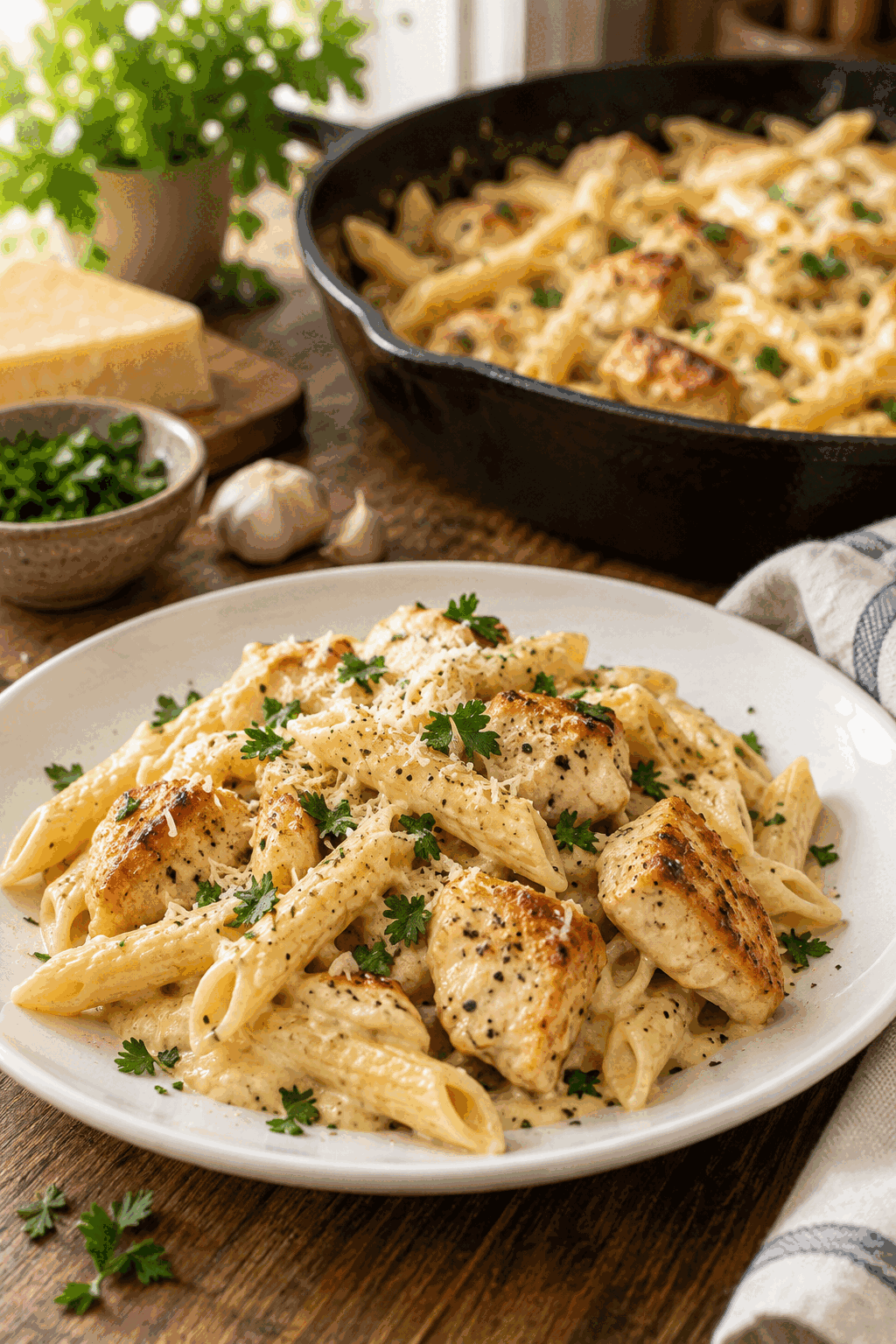 finished creamy one-pan chicken pasta