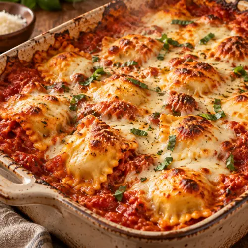 3 ingredient ravioli bake with melted cheese