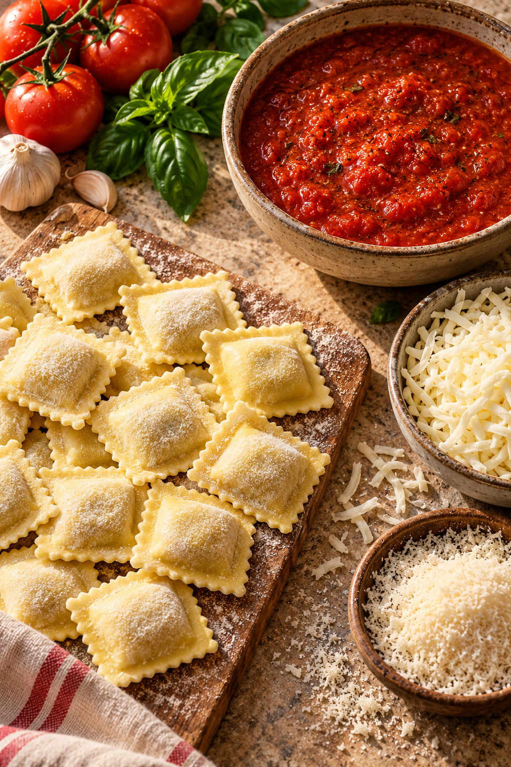 Ingredients for a 3 ingredient ravioli bake