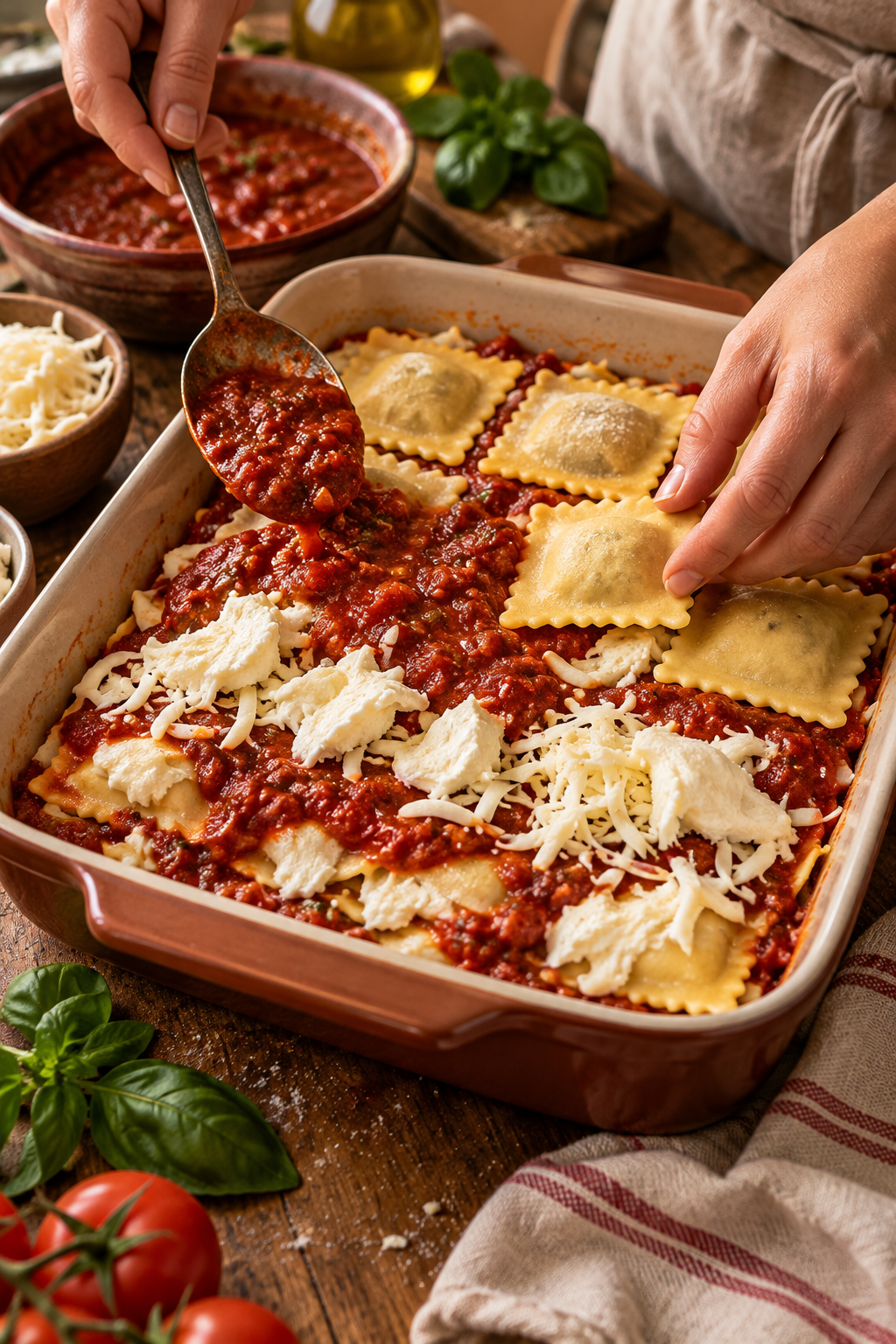 Layering frozen ravioli and sauce for the bake