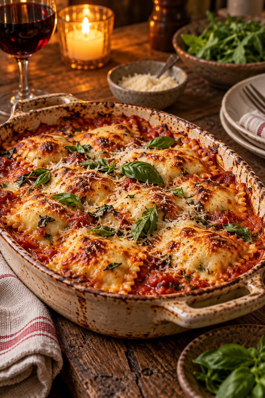 Finished 3 ingredient ravioli bake with melted cheese