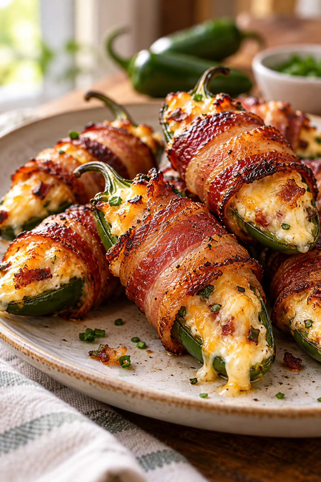 air fryer bacon stuffed jalapenos on a serving plate