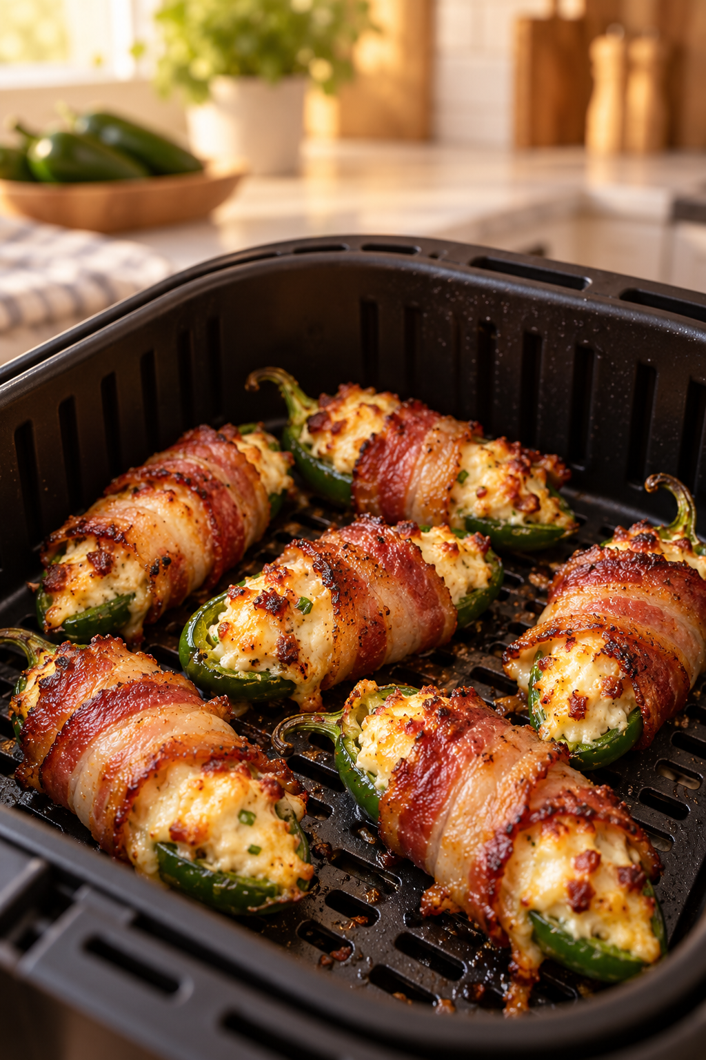 air fryer bacon stuffed jalapenos cooking in the air fryer