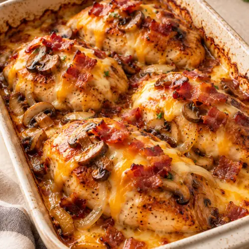 Alice Springs chicken casserole with honey mustard and melted cheese