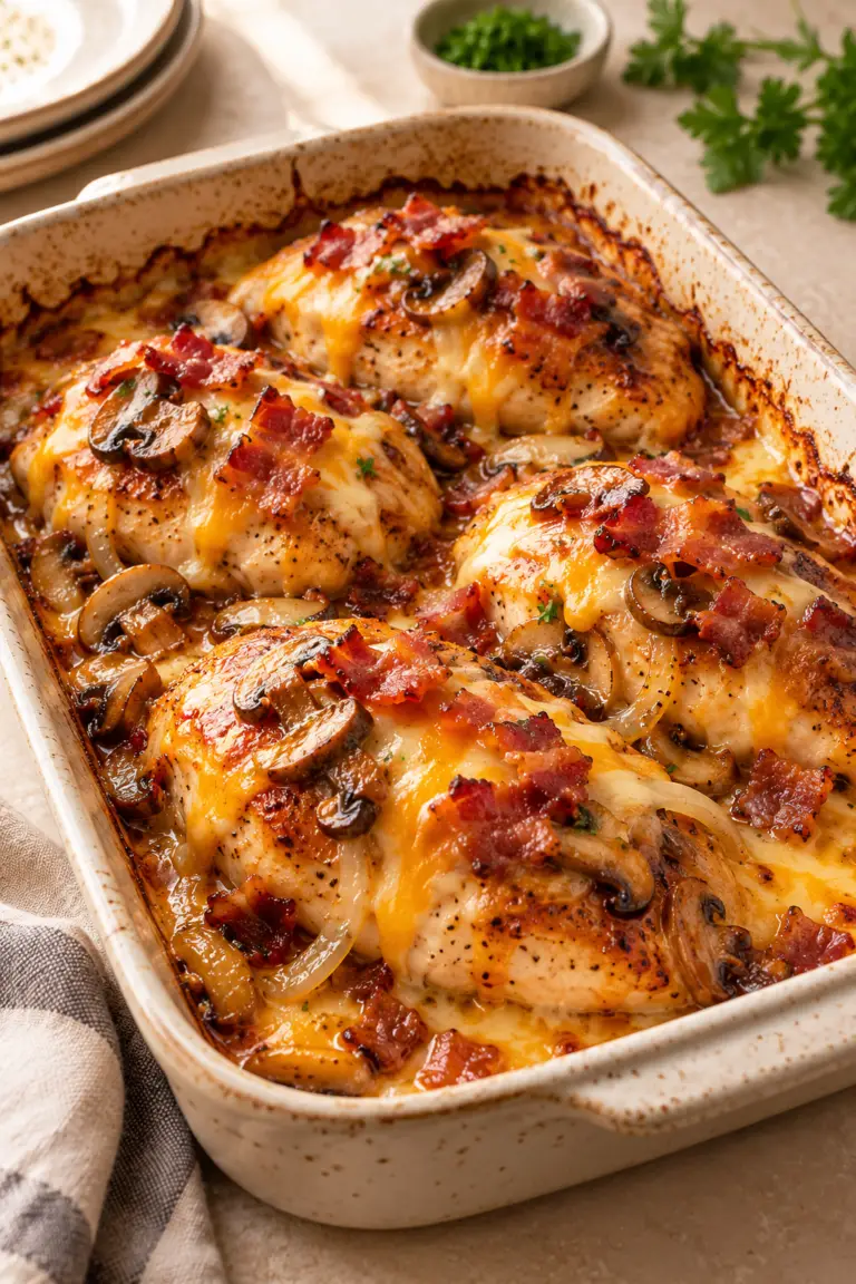 Alice Springs chicken casserole with honey mustard and melted cheese