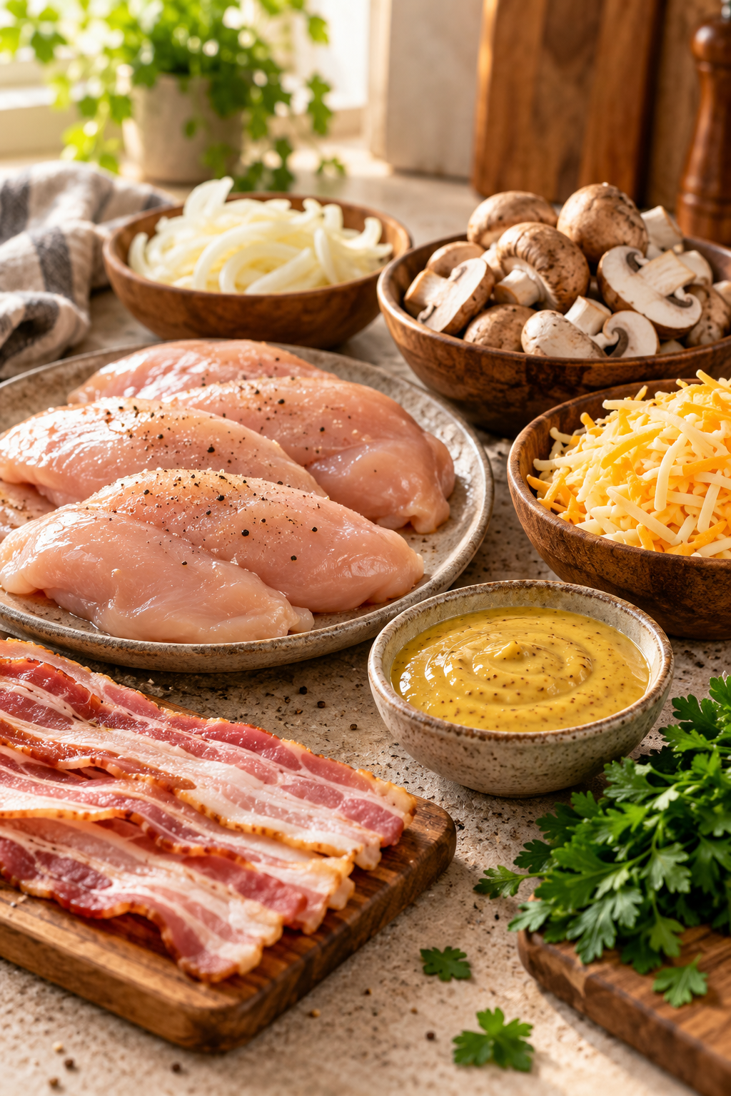 Alice Springs chicken ingredients arranged for cooking