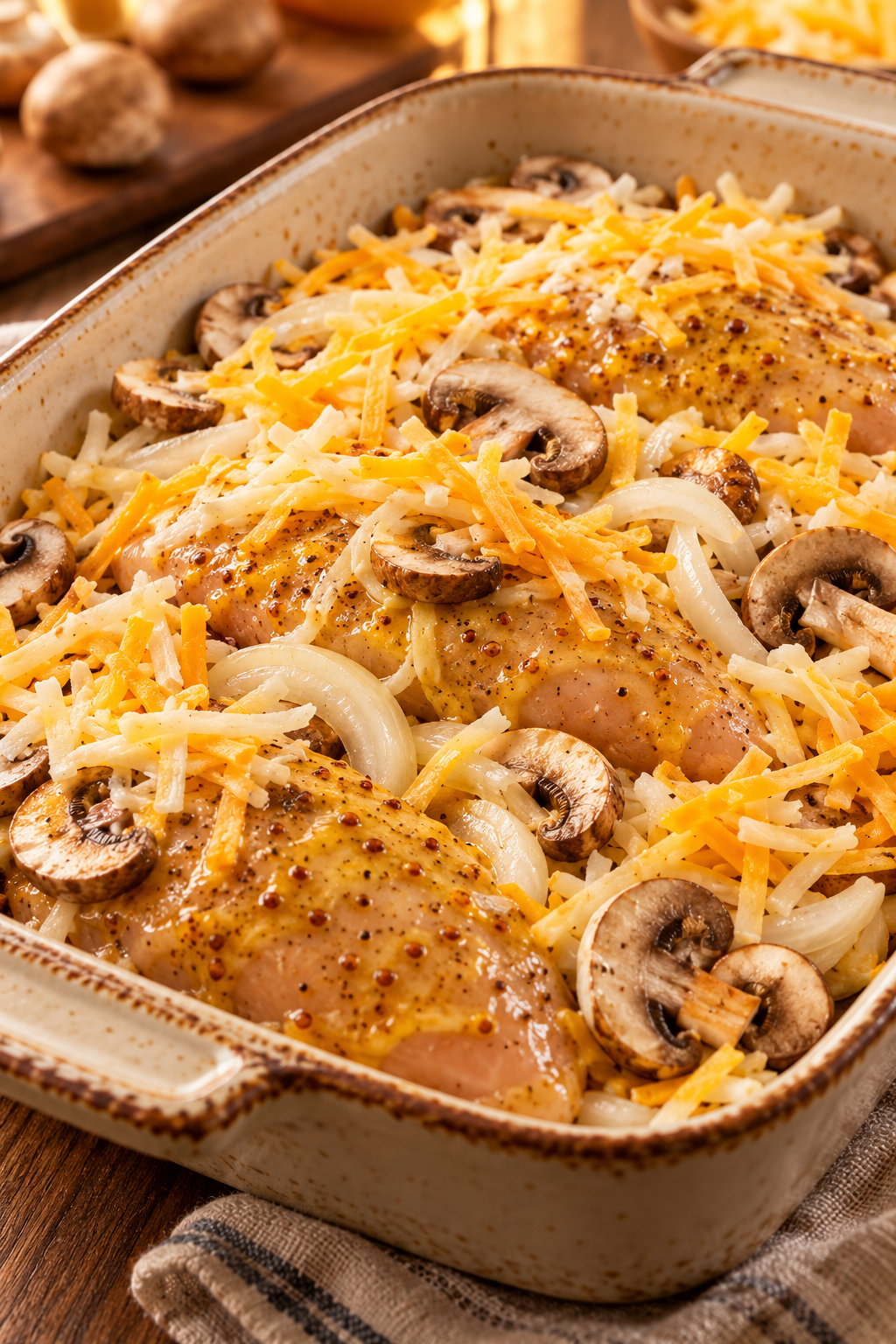 Alice Springs chicken layered in a casserole dish before baking
