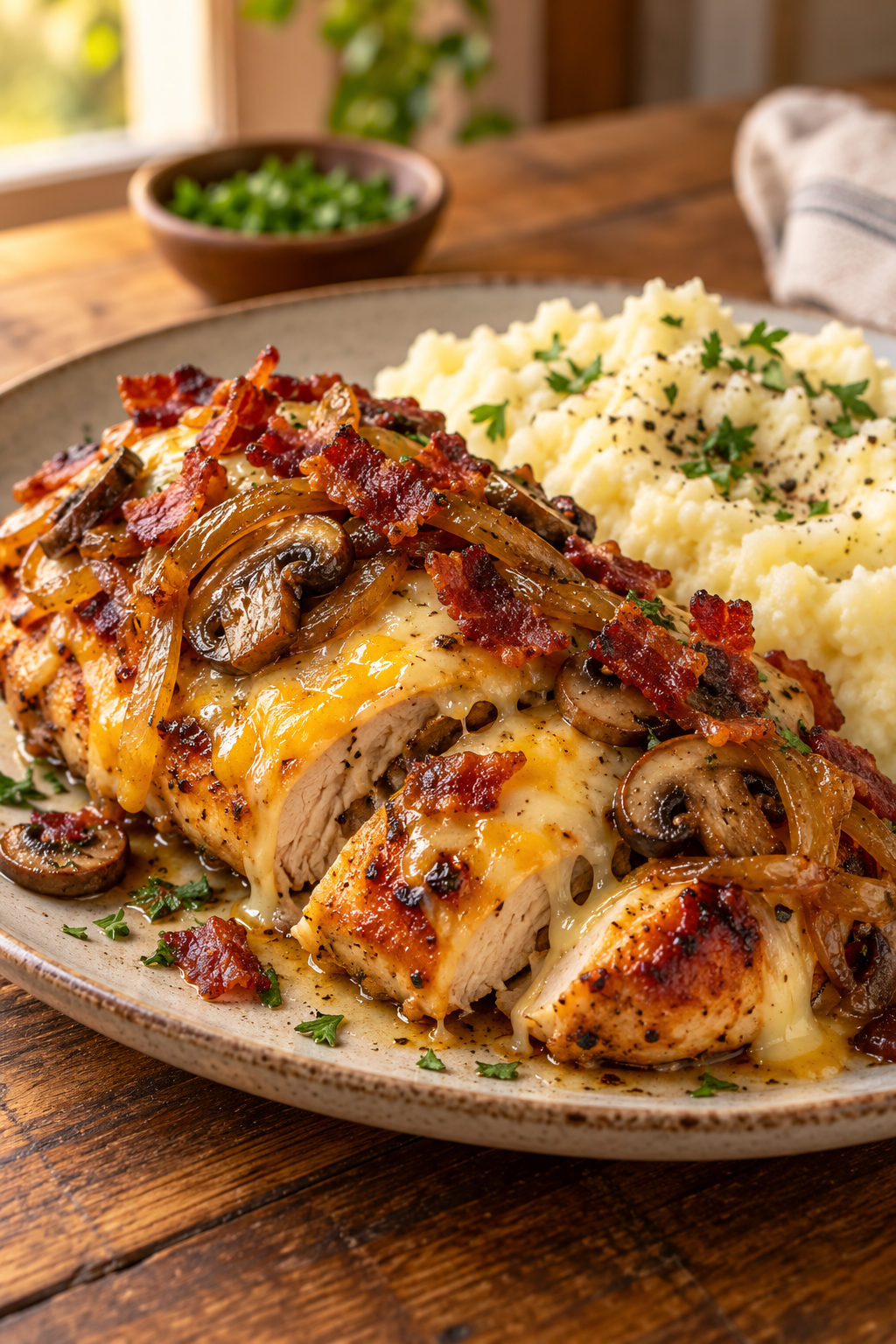 Baked Alice Springs chicken served with melted cheese and vegetables
