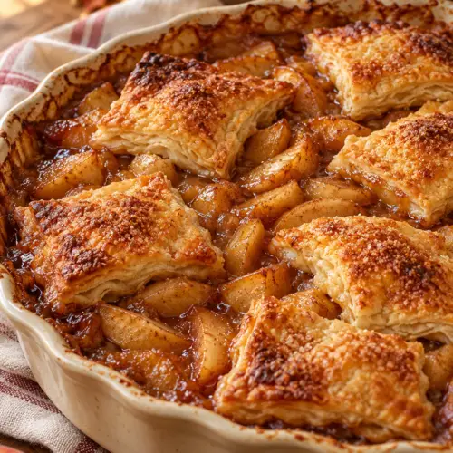 Apple pandowdy with golden puff pastry over spiced apples