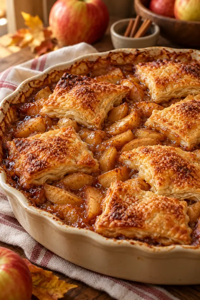 Apple pandowdy with golden puff pastry over spiced apples