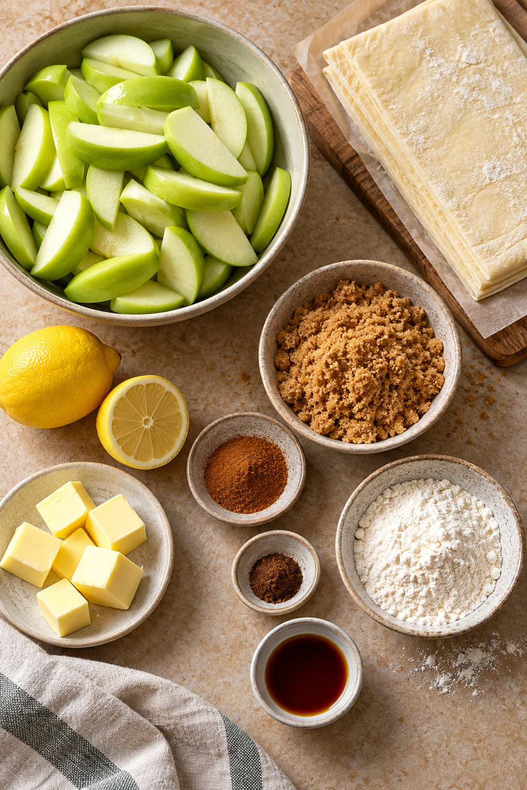 Apple pandowdy ingredients including apples, puff pastry, lemon, and spices