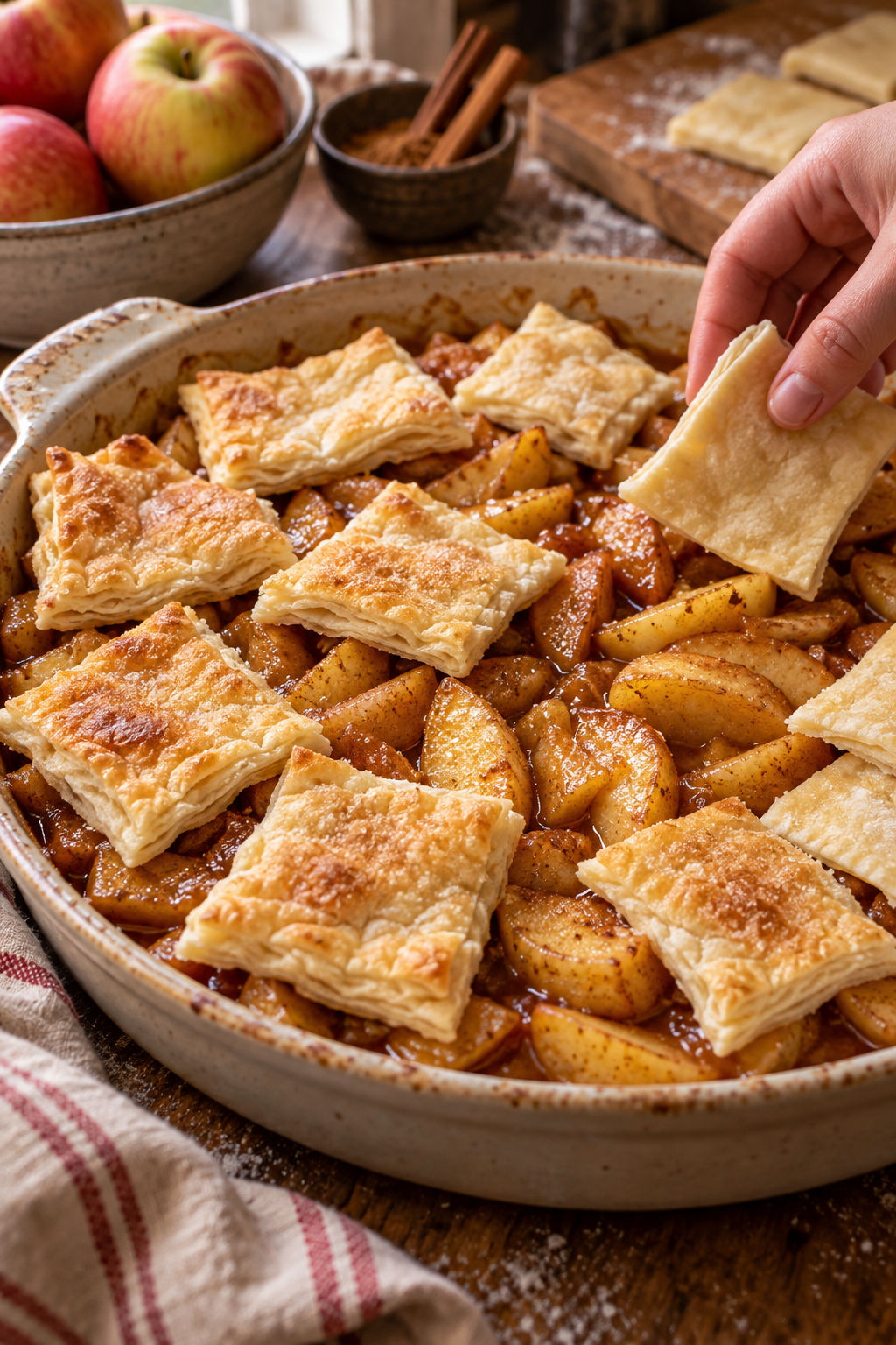 Apple pandowdy puff pastry squares scattered over spiced apples