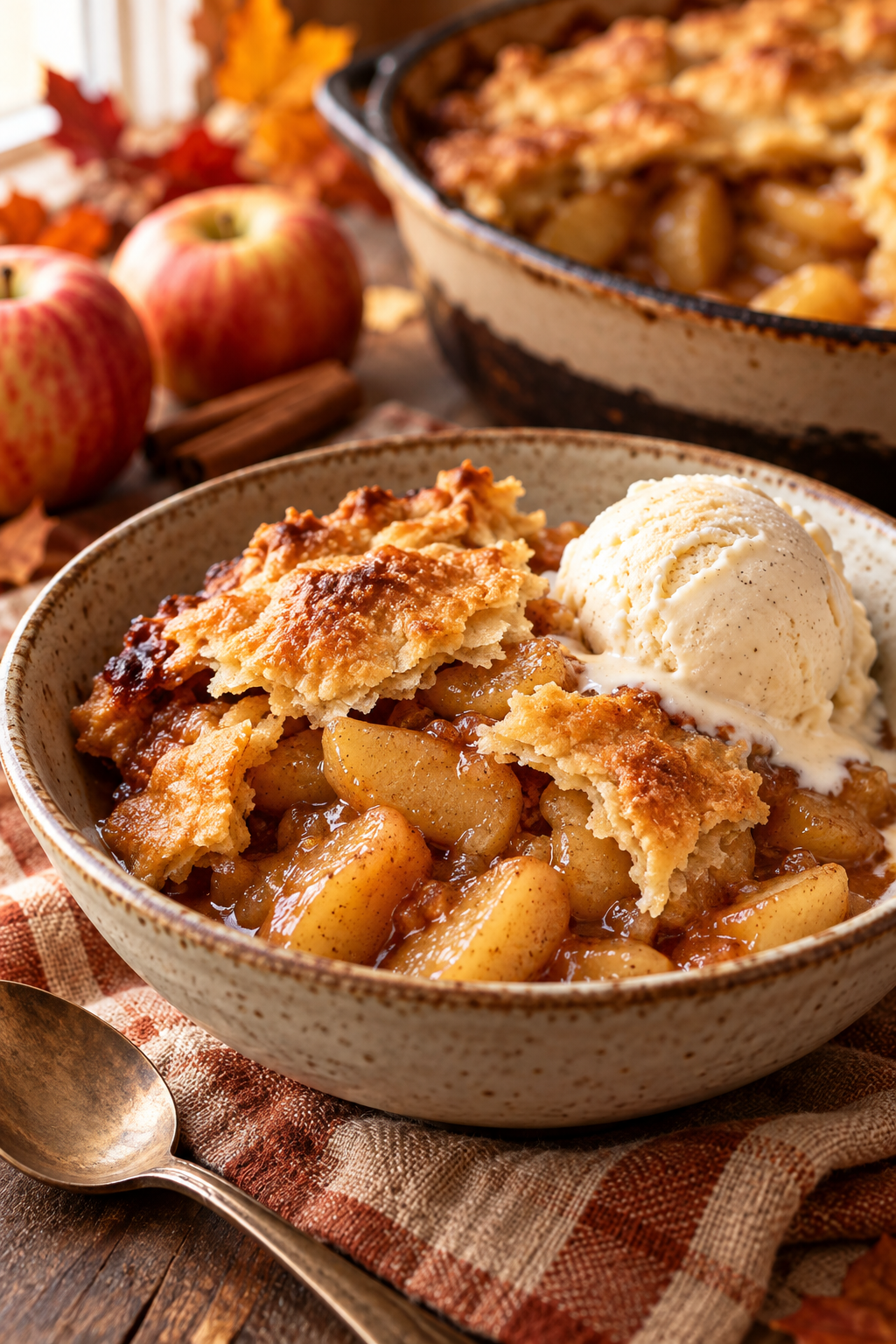 Warm apple pandowdy served with golden pastry and tender apples
