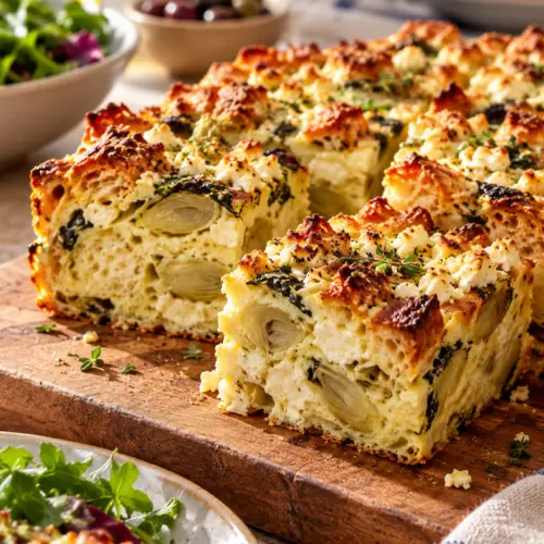Baked artichoke feta strata cut into golden squares