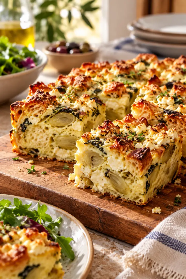 Baked artichoke feta strata cut into golden squares