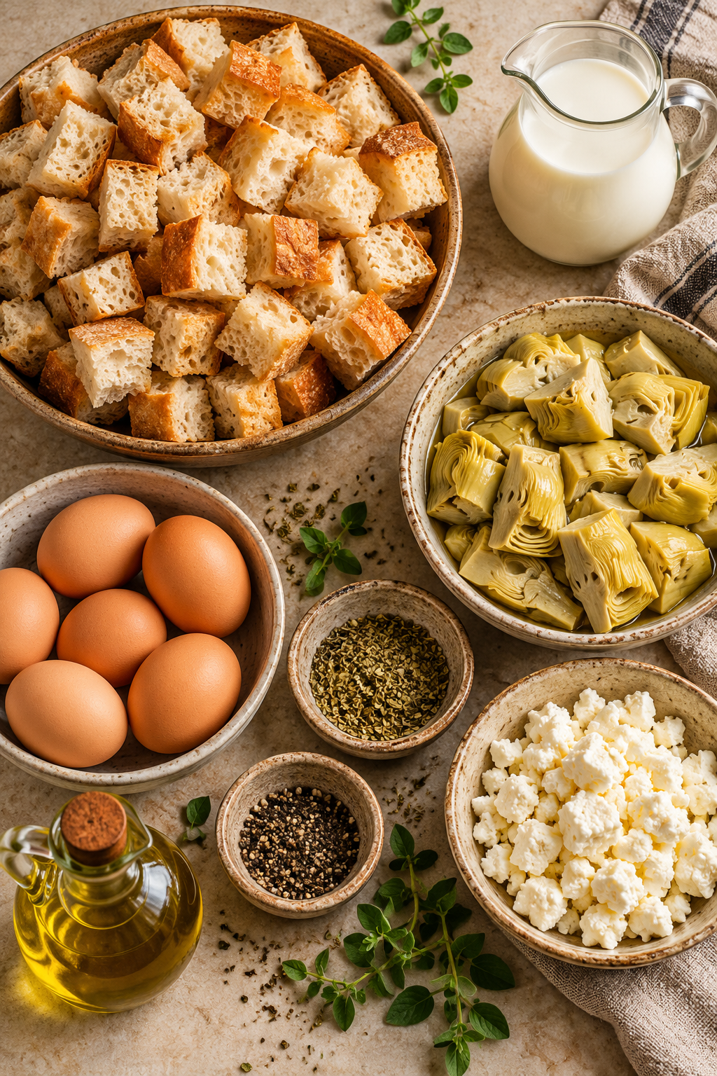 Ingredients for artichoke feta strata
