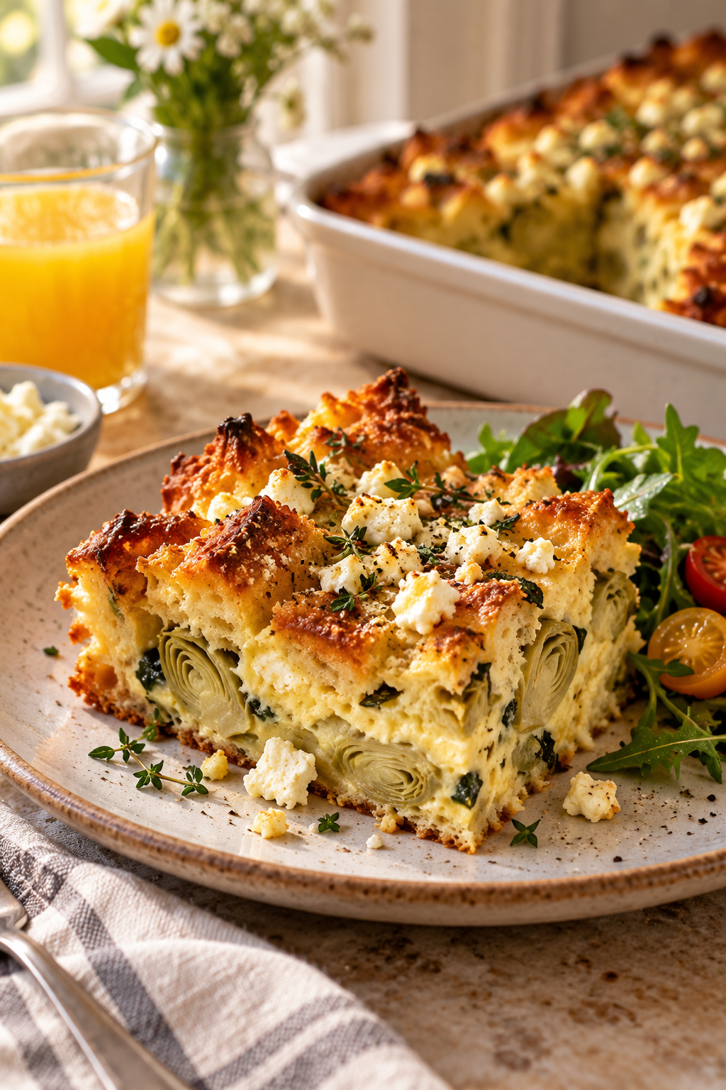 Warm baked artichoke feta strata cut into squares