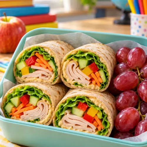 Turkey hummus wraps packed for back to school lunch