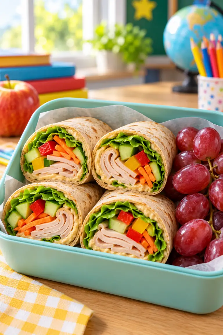 Turkey hummus wraps packed for back to school lunch