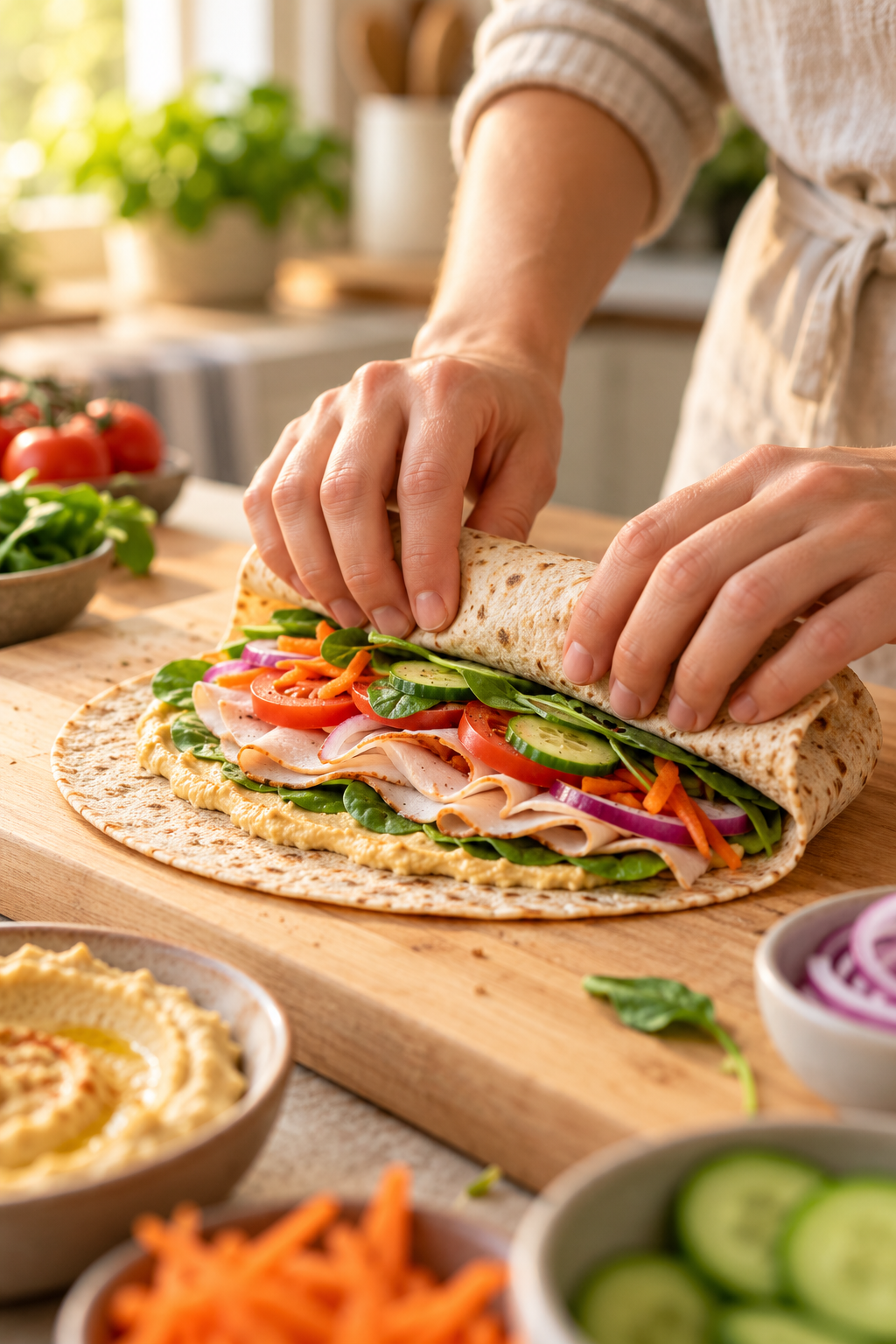 Rolling turkey hummus wraps for lunch
