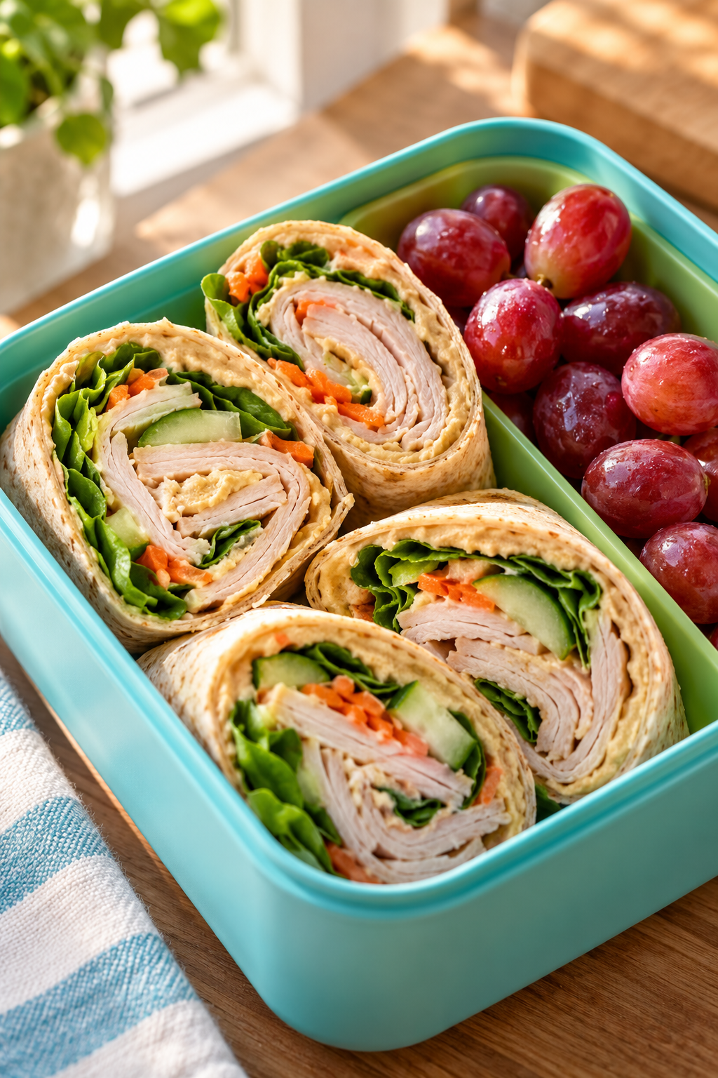 Finished turkey hummus wraps with grapes