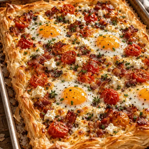 Bacon and eggs phyllo breakfast pizza