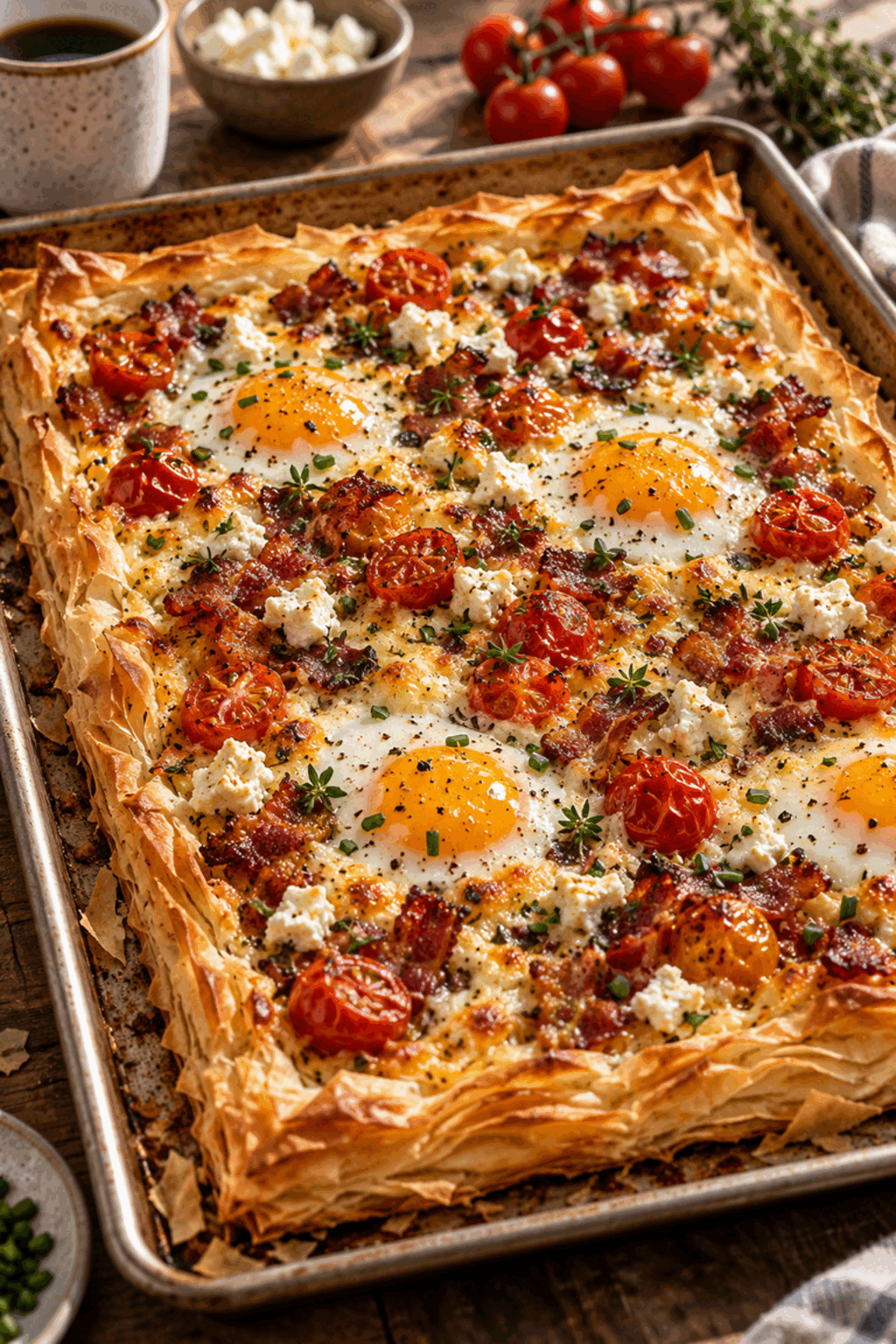 Bacon and eggs phyllo breakfast pizza