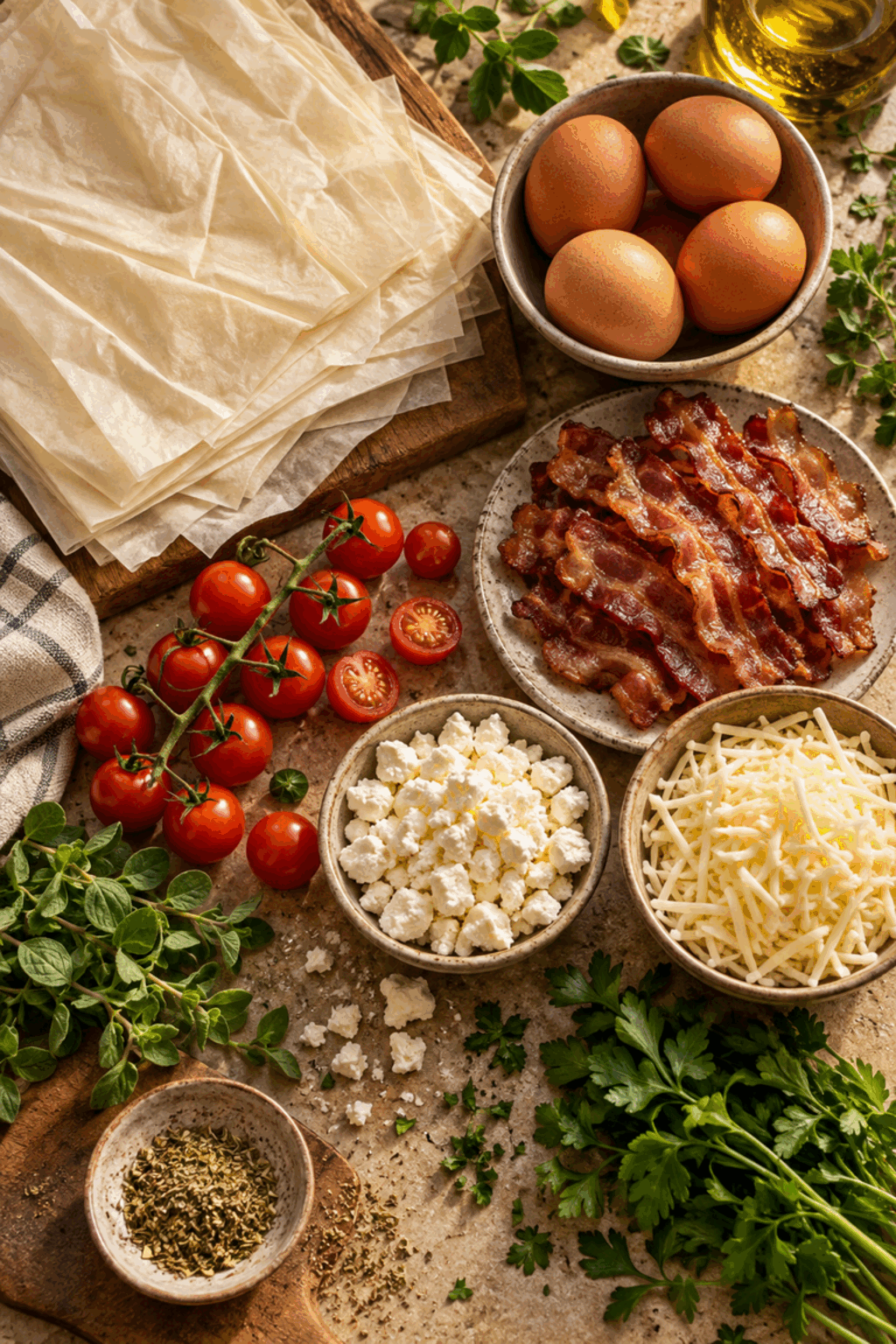 Ingredients for bacon and eggs phyllo breakfast pizza