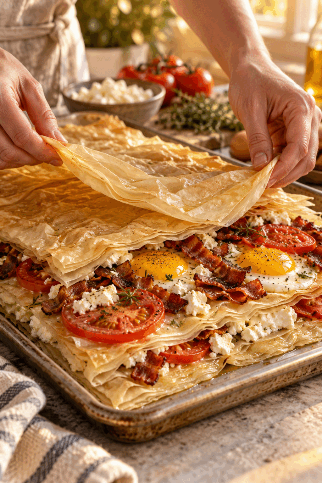 Layering and baking phyllo breakfast pizza
