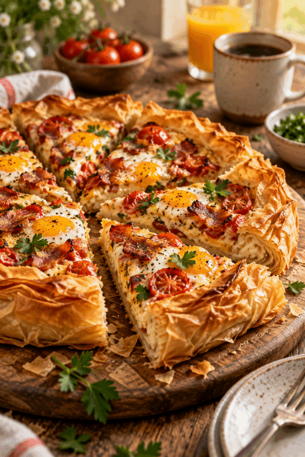 Golden slice of bacon and eggs phyllo breakfast pizza