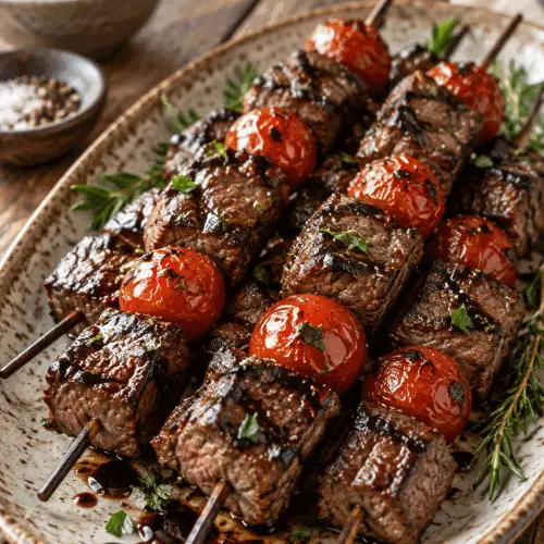 Balsamic steak skewers with cherry tomatoes
