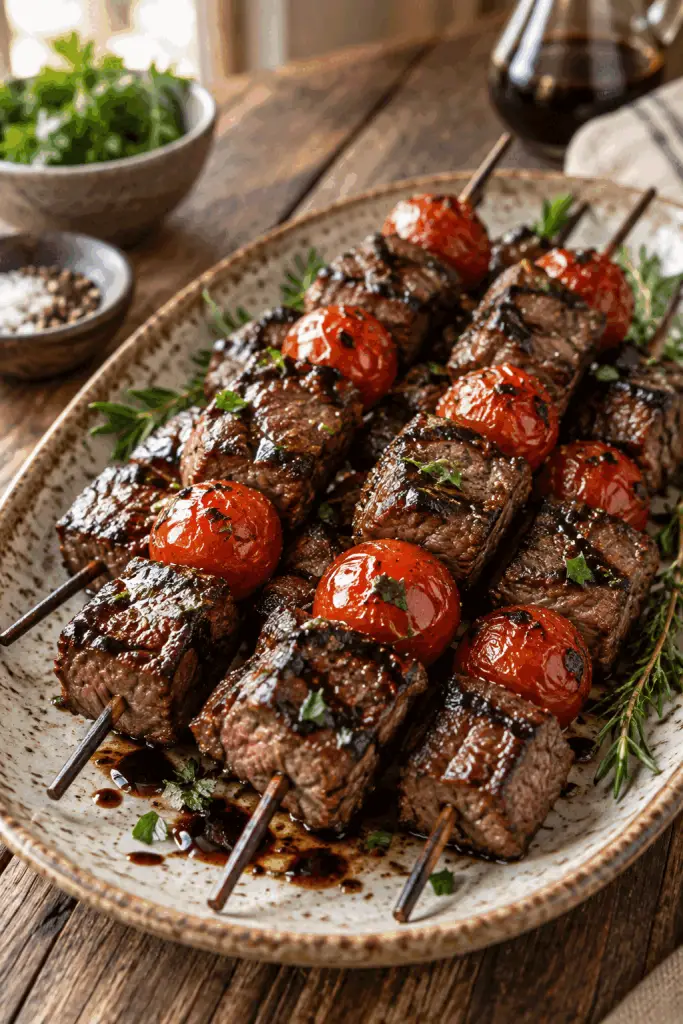 Balsamic steak skewers with cherry tomatoes
