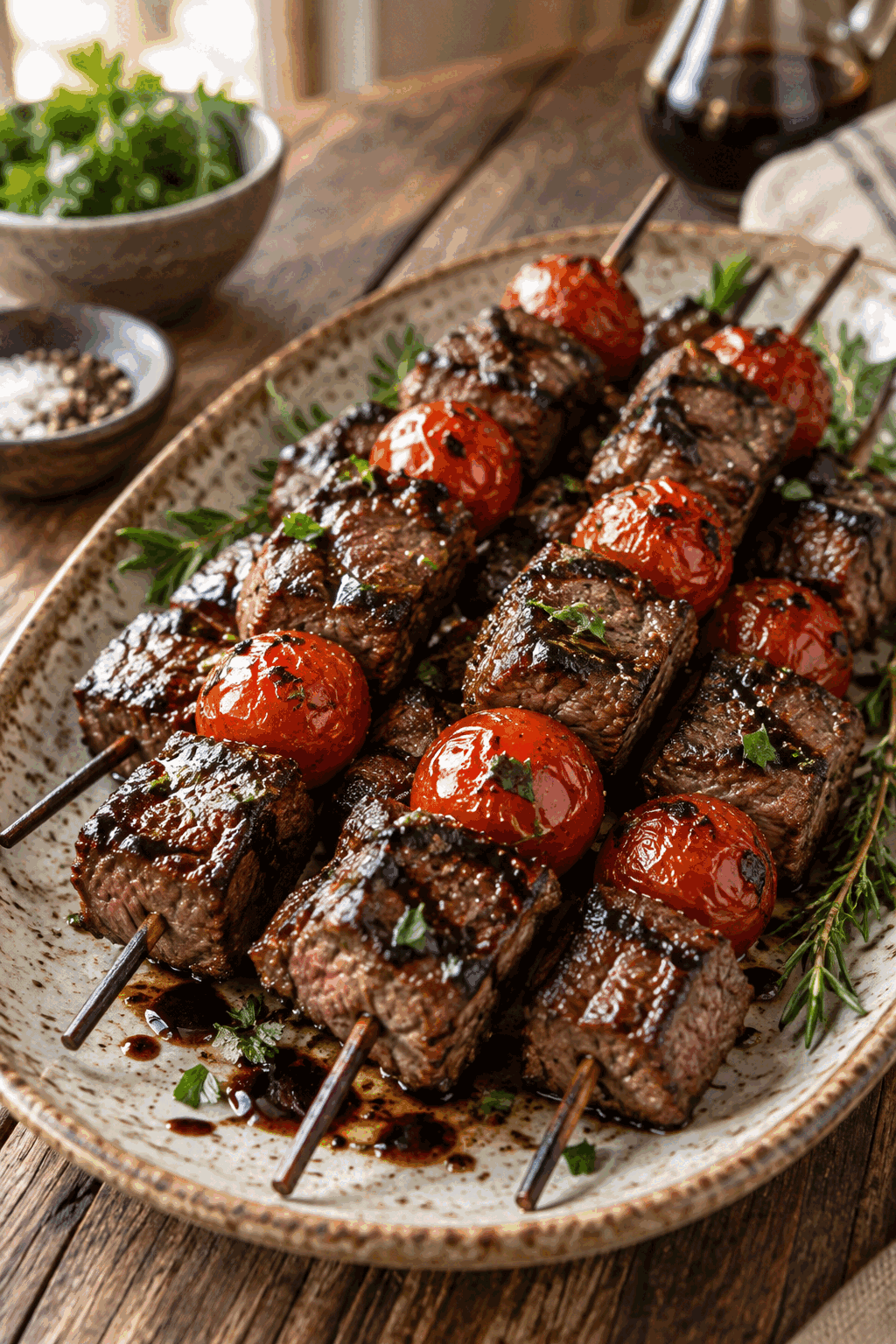 Balsamic steak skewers with cherry tomatoes