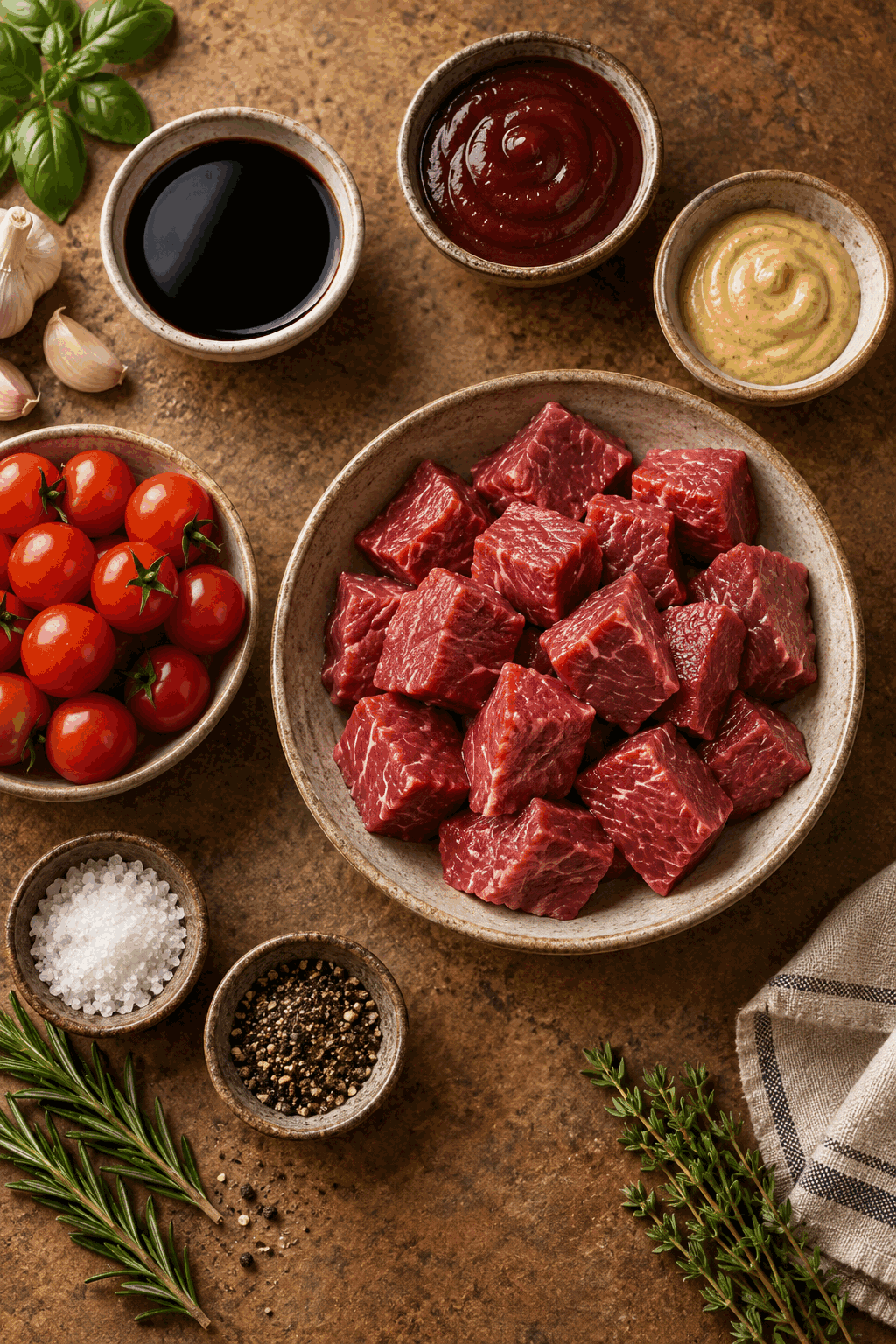Ingredients for balsamic steak skewers