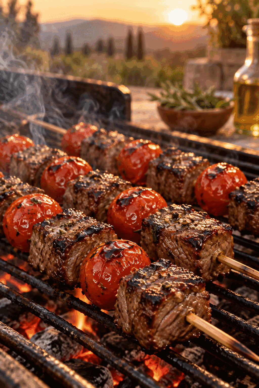Steak and tomatoes threaded onto skewers