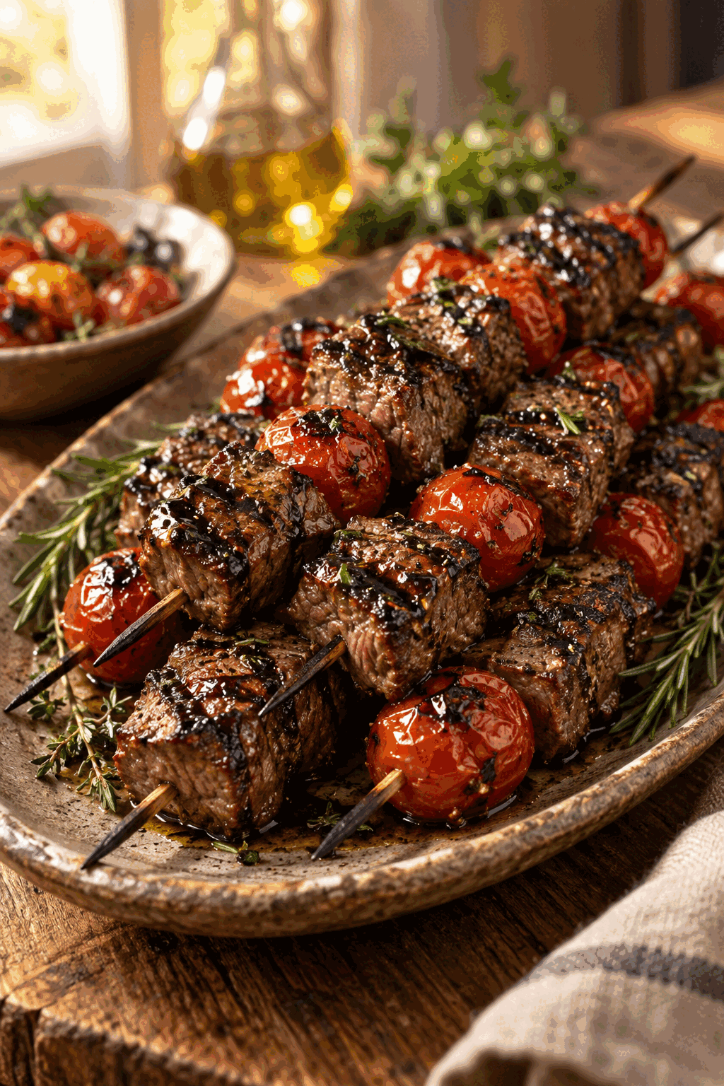 Grilled balsamic steak skewers ready to serve