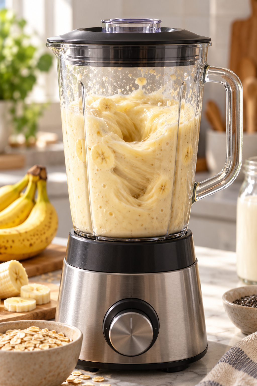 Banana breakfast smoothie blending until thick and smooth