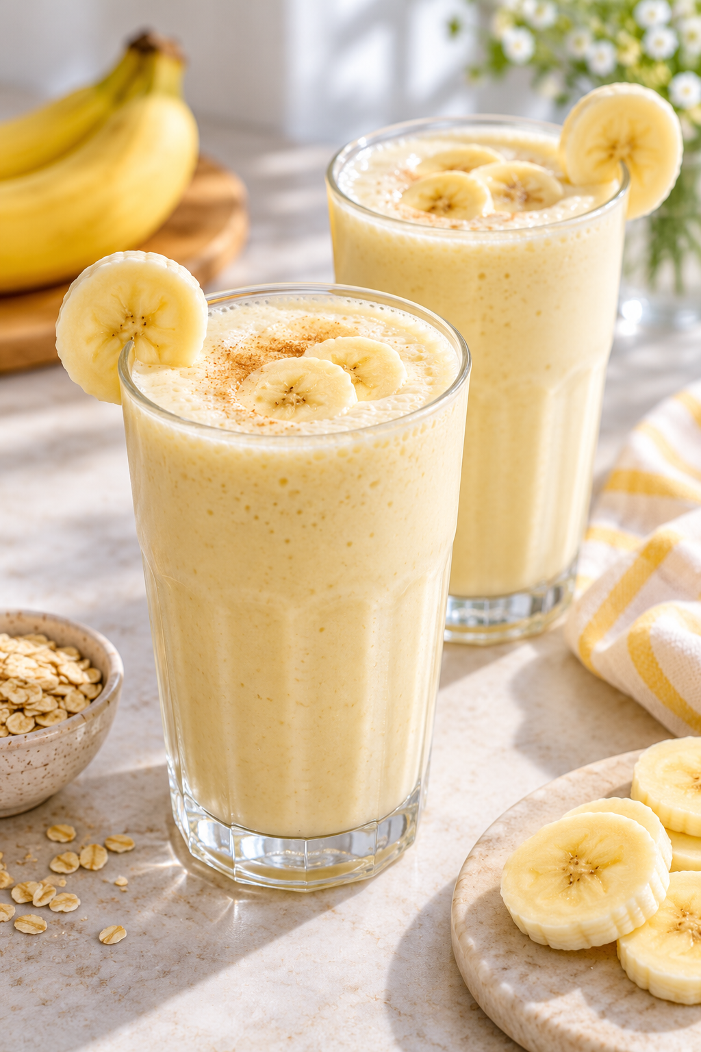 Finished banana breakfast smoothie ready to serve