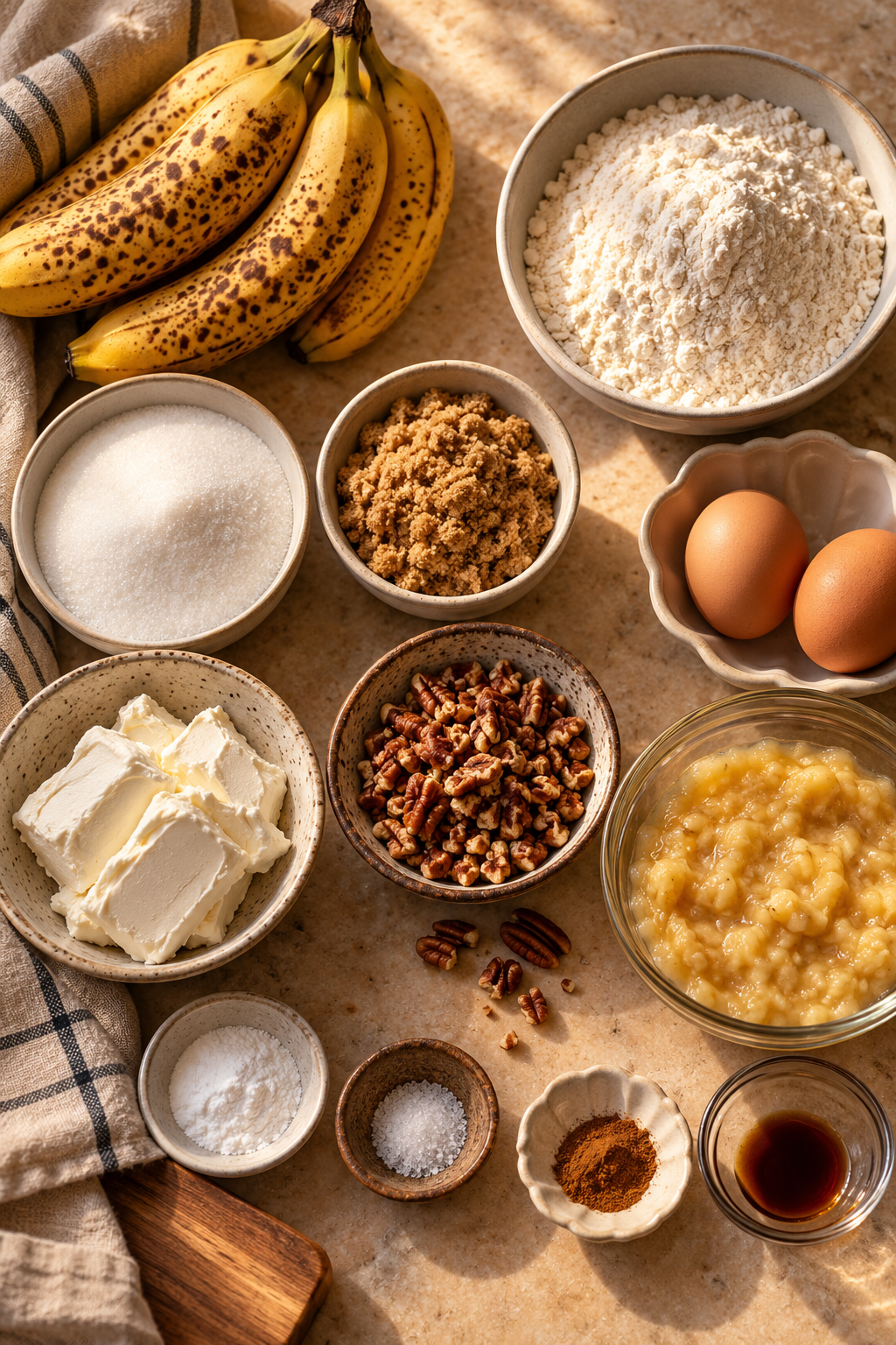 Ingredients for banana cream cheese muffins arranged on a counter