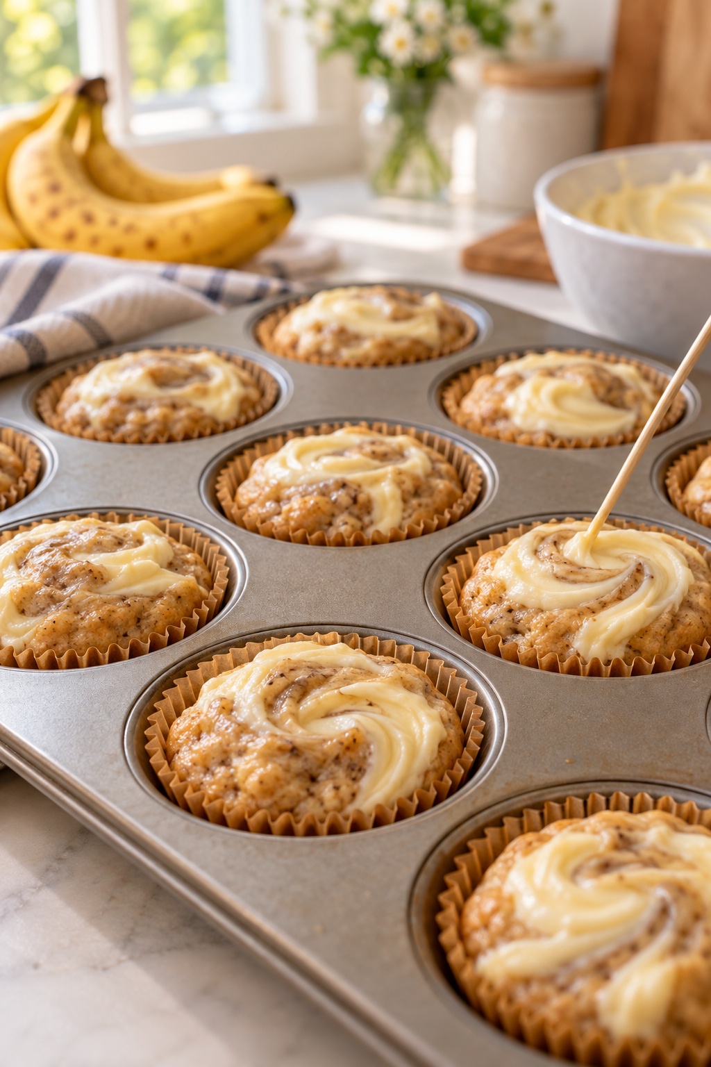 Banana cream cheese muffin batter being swirled with cream cheese