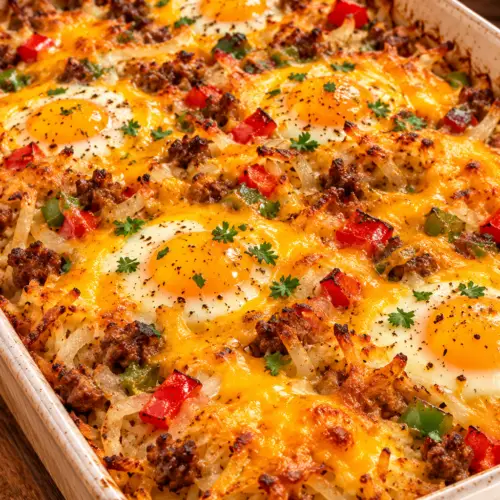 Breakfast-for-dinner hash brown casserole with eggs and sausage