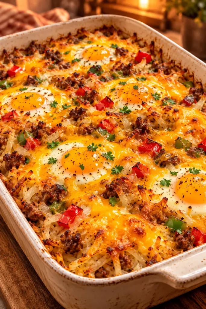 Breakfast-for-dinner hash brown casserole with eggs and sausage