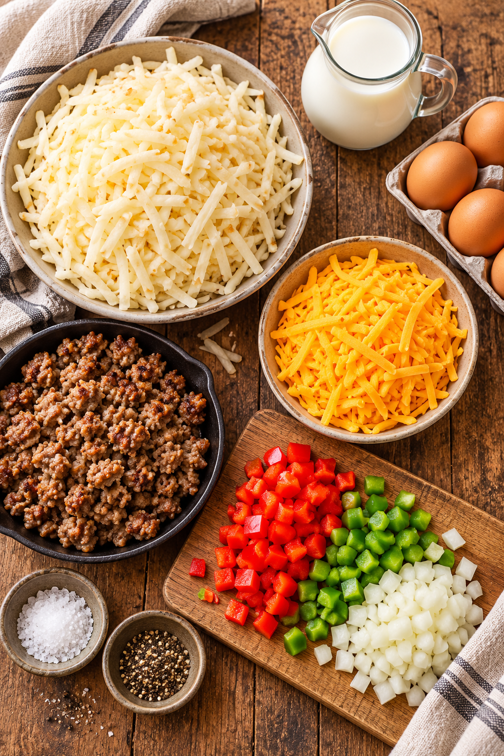 Ingredients for breakfast-for-dinner hash brown casserole